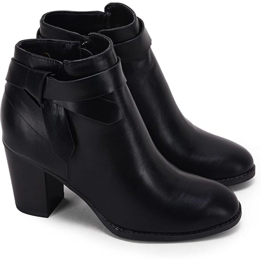 Women's Black Closed Toe Stacked Heel Tie Knot Side ZIP Chelsea Pump Ankle Boots